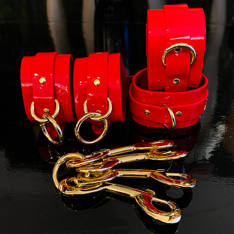 High Gloss Wrist Cuffs, Ankle Cuffs & Hogtie – Red/Gold